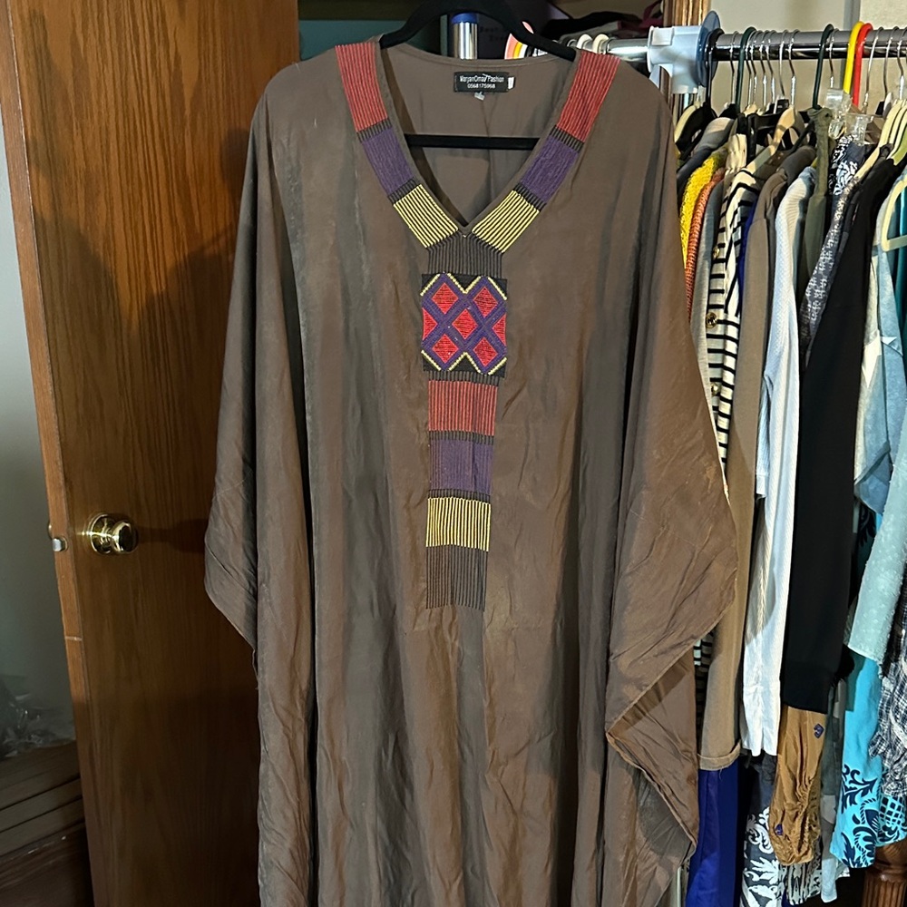 Brown Kaftan with Colorful Geometric Embroidery